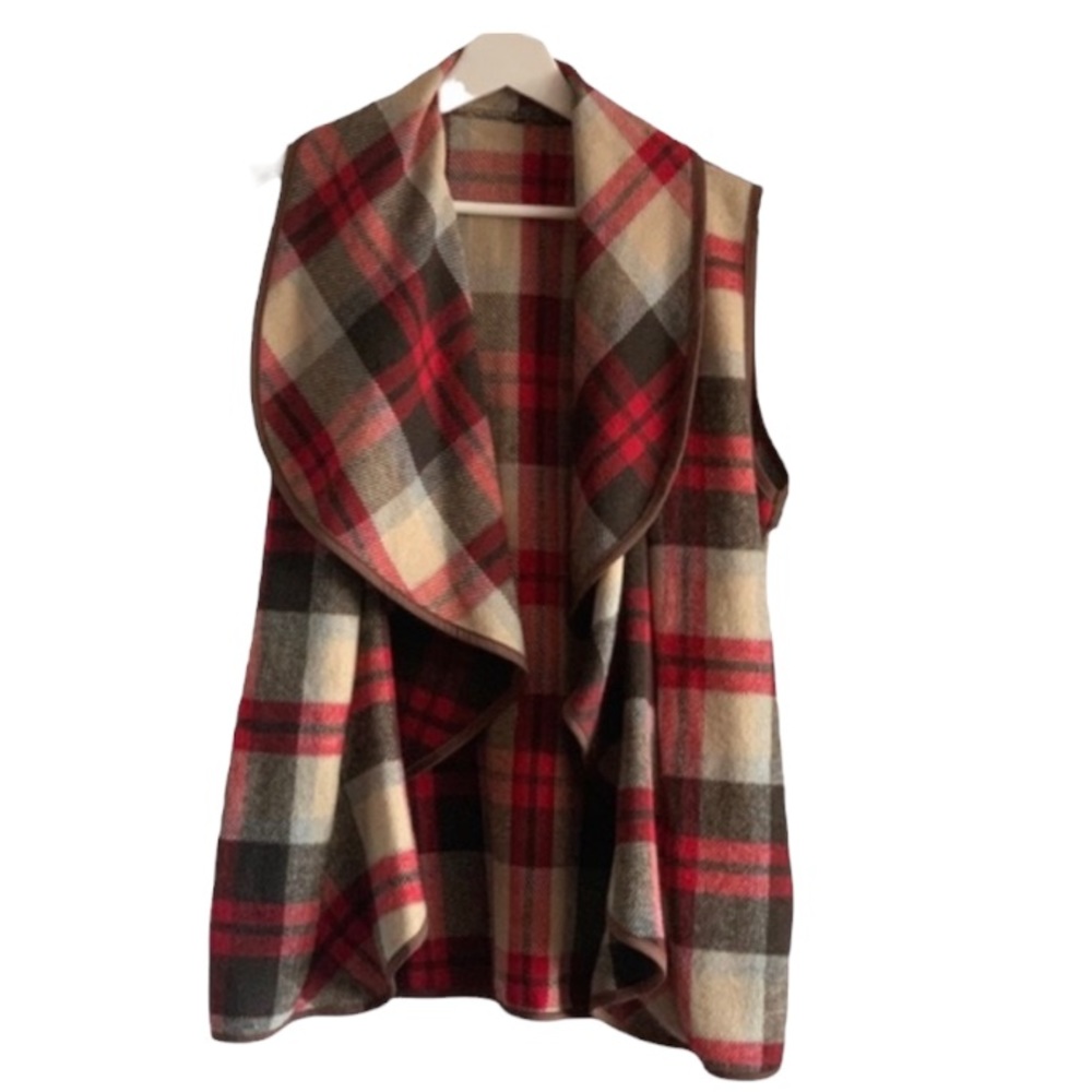 Plaid Vest Red Brown Medium Open Lightweight Sleeveless Pockets Collegiate Cabin